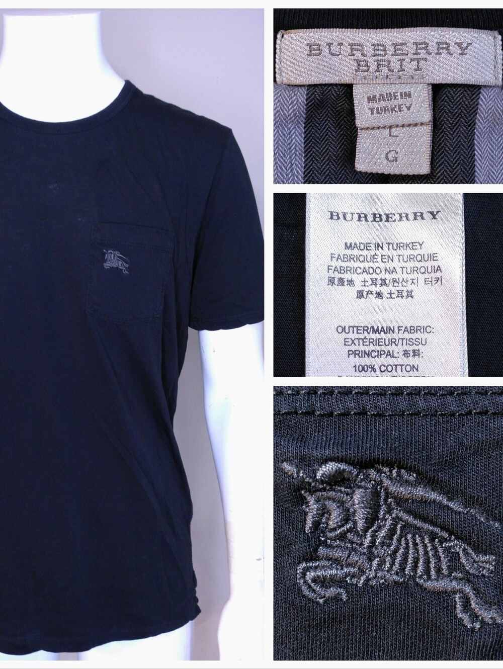 BURBERRY BRIT T Shirt LARGE Black GRAY Pocket Tee SHORT SLEEVE Luxury Designer